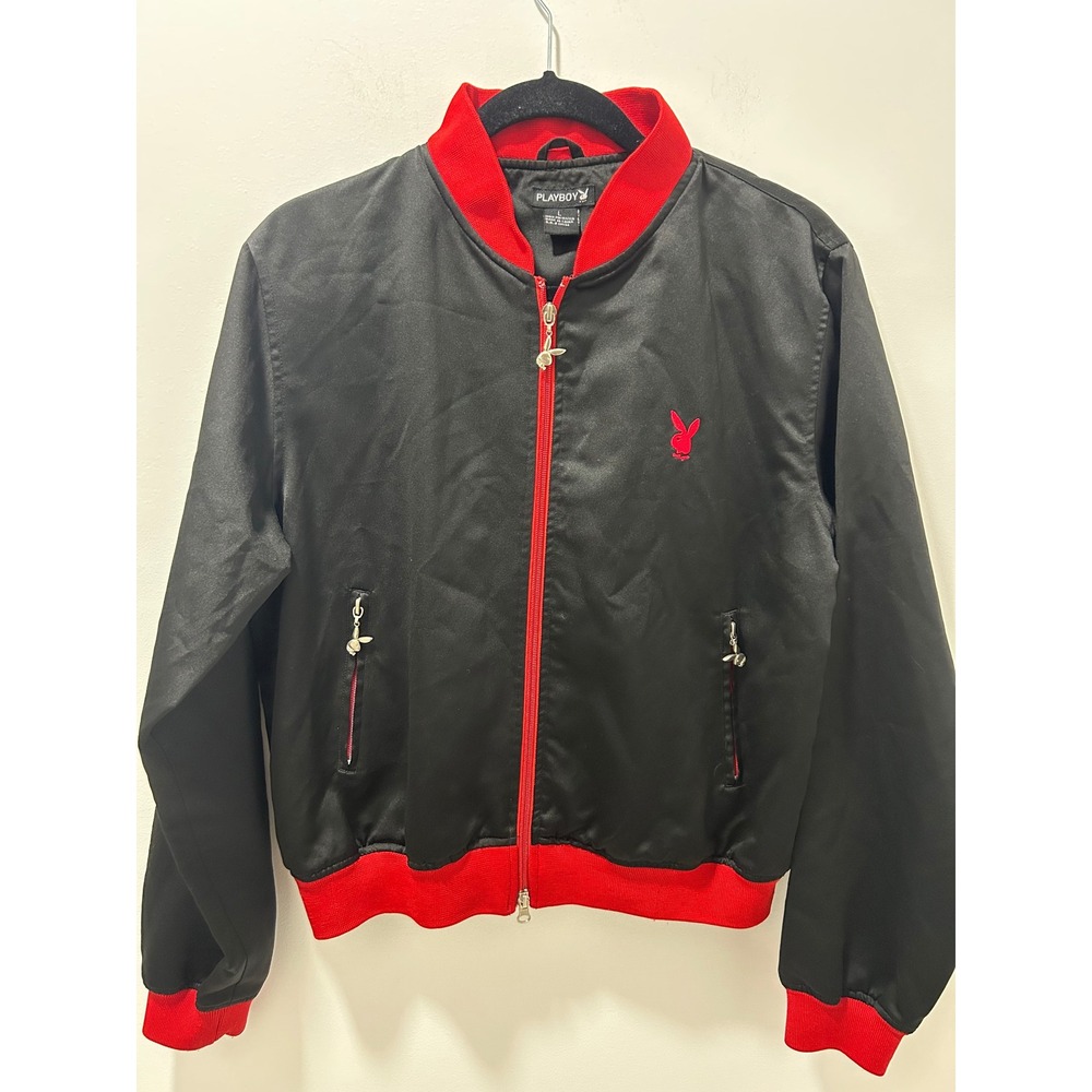 Playboy Womens Black Red Satin Bomber Jacket Bunny Logo Size Large Zip Up